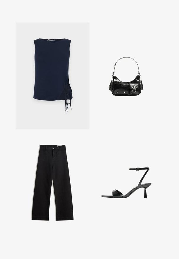Sötétkék ujjatlan top, kerek nyakkal, oldalán állítható fűzőkkel és enyhén ívelt aljjal. Puha szövet textúra.; Fekete, bő szabású farmernadrág magas derékkal, elülső és hátsó zsebekkel, varrott felületekkel és gombos záródással. Sima textúra.; Bershka Magas sarkú szandálok - black; Fekete lakkbőr kézitáska ívelt formával, egy vállpánttal, elülső zsebekkel és ezüstszínű fémrészletekkel.
