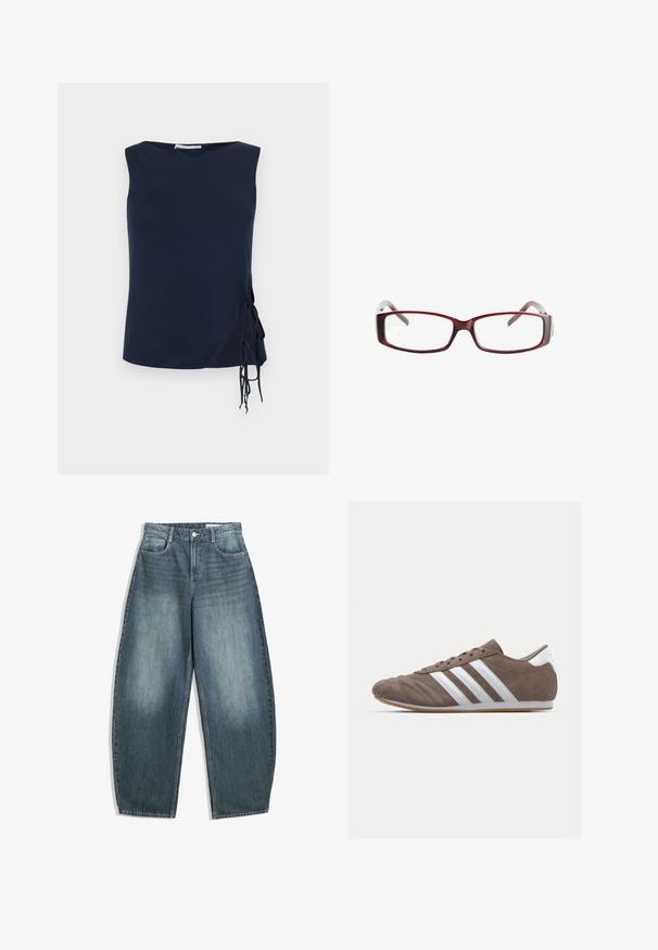 Laivansinis hihaton paita pyöreällä kauluksella, jossa on sivu nauhat säädettävälle istuvuudelle ja hieman kaareva helma. Pehmeä kankaan rakenne.; Vaaleansiniset farkut, joissa on leveät lahkeet ja korkea vyötärö, viisi taskua, hienovarainen haalistuma ja ompeluaksentteja saumoissa.; Ruskea mokkaboots-urheilujalkine, jossa on valkoiset raidat, pyöreä kärki, nauhakiinnitys ja kumipohja. Teksturoitu päällinen, jossa on ompelutiedot.; Punaiset suorakulmaiset silmälasit, joissa on tyylikäs muotoilu. Kirkkaat linssit, hieman läpikuultavat templet ja punaisesta harmaaseen ulottuva väriharjoitus.