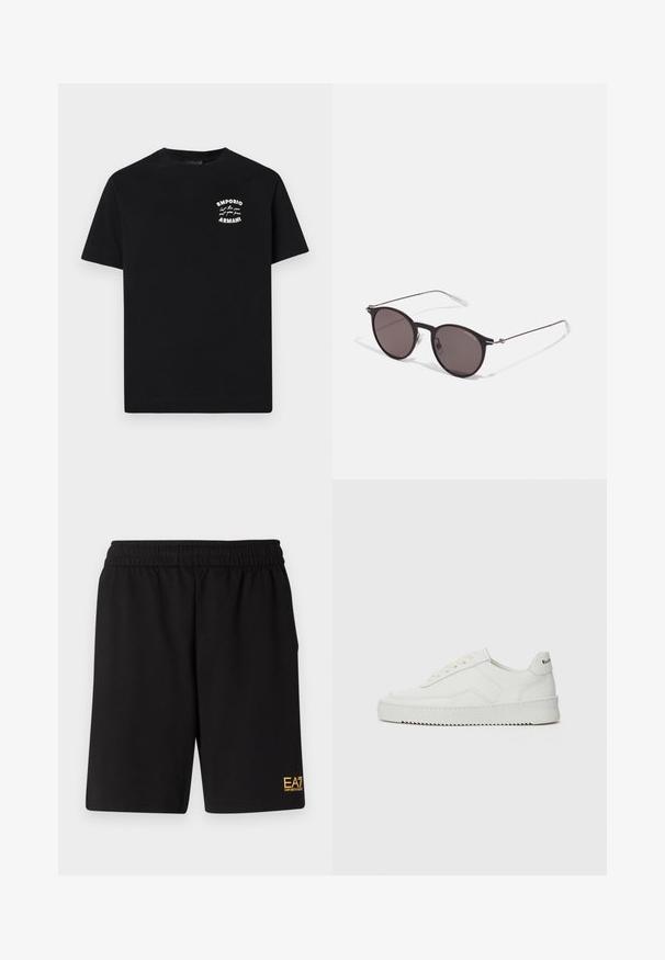 Melna kokvilnas t-kreklu ar īsām piedurknēm, kam ir neliels balts logo ar tekstu uz krūtīm. Ar apaļu kakla dizainu, parastā izgriezuma.; Melnas sporta šortus, kas izgatavoti no mīksta auduma, ar elastīgu jostu un mazu dzeltenu EA7 logo zem kreisā kājas stūra.; Baltas ādas sneakers ar gludu virsmu, apaļu pirkstu daļu, plakaniem šņorēm un teksturētu zoli. Satur diskrētu logotipu uz papēža.; Melni apaļi saulesbrilles ar tumšiem lēca un plānām metāla stangām. Iekļautas caurspīdīgas tempļu galviņas un sudraba akcenti pie eņģes. Minimalistisks dizains.