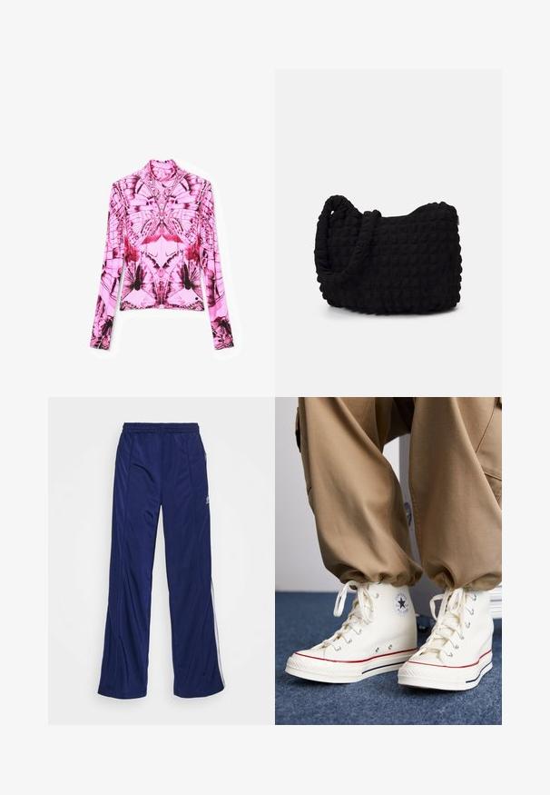 Desigual Tops ar garām piedurknēm - rosa desierto; Jūras spēku sporta bikses ar elastīgu jostu, taisnām kājām un sānu rāvējslēdzējiem. Iekļautas baltas apdare gar malām. Gluda auduma tekstūra.; Balti augstie sneakers no kanvas ar gumijas zoli, ar melnu zvaigžņu logo un sarkaniem un tumši ziliem akcentiem.; Melnas auduma soma ar strukturētu, quiltotu rakstu. Apaļa forma, īsas, resnas rokturi un mīksta, elastīga konstrukcija.