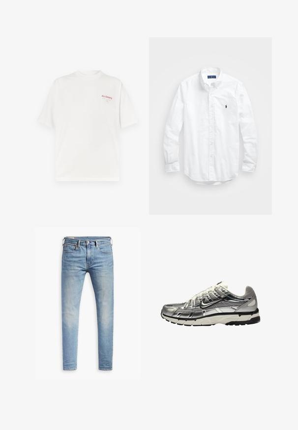 Valge puuvillane T-särk ümmarguse kaelusega, lühikeste varrukatega ja punase logoga vasakul rinnal, millel on sile tekstuur ja vaba lõige.; Valge pikkade varrukatega kotitõmblusega särk puuvillast. Omab klassikalist kraed, nööpidega mansette ja väikest tumesinist tikandit rinnal.; Heledad hallidega helesinised kitsad teksad, millel on kerge kulumine reitel, ees nupuga sulgemine, vöölõngad ja viie taskuga stiil, valgel taustal.; Hõbedane ja must sportlik king, millel on võrgust ja sünteetiline ülemine osa, mahukas disain ja tekstureeritud viimistlus. Omab polsterdatud kaelaosa ja kummist tallat.