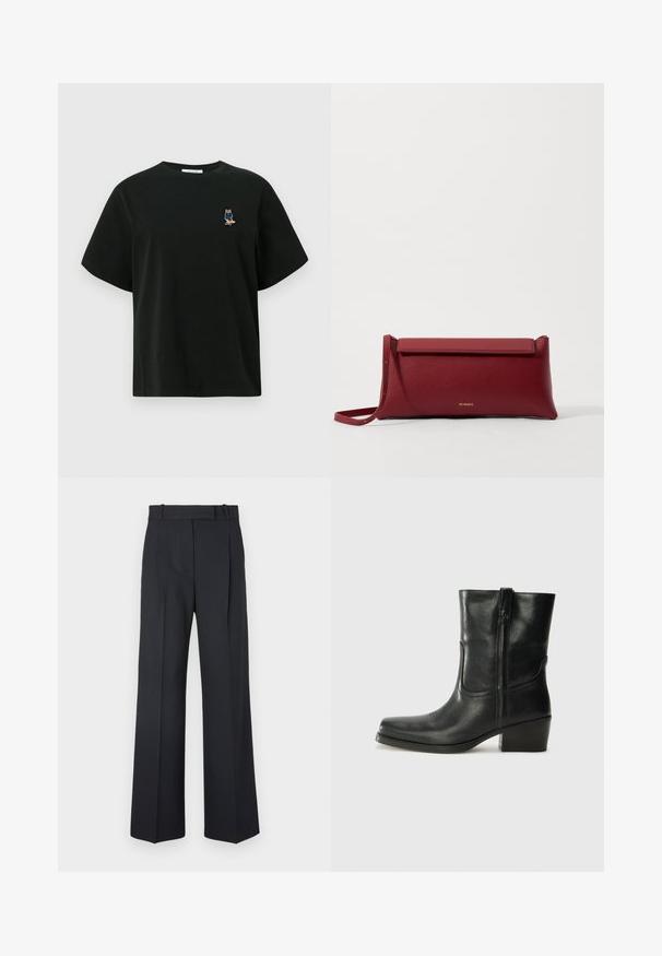 Czarna bawełniana koszulka z krótkim rękawem, z małym haftowanym motywem w niebieskim stroju na lewej piersi.; Ciemnoniebieskie spodnie w paski z wysokim stanem, szerokimi nogawkami i bez widocznych elementów metalowych lub ozdób. Gładka tekstura i dopasowany krój.; Czarne skórzane botki za kostkę z okrągłym noskiem, słupkowym obcasem, bocznym zamkiem i przeszyciami na cholewce. Gładka tekstura, klasyczny design.; Czerwona skórzana kopertówka o teksturowanym wykończeniu, z płaskim złożonym wierzchem i krótkim paskiem. Subtelne logo marki z przodu.