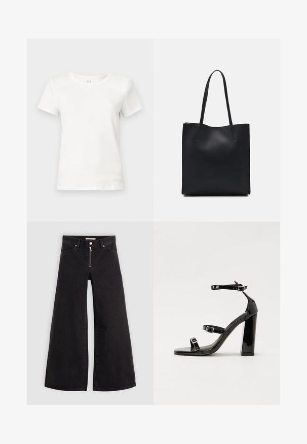 White cotton t-shirt, short sleeves, crew neck, smooth texture, straight cut, tags visible inside the collar, no graphic designs or embellishments.; Wide-leg jeans in black denim with a zippered front, five-pocket design, and subtle stitching details. Smooth texture and casual style.; Black patent heeled sandals with a square toe, ankle straps, and silver buckles. Features a chunky block heel for stability.; Black leather tote bag with smooth texture, rectangular shape, and two long handles. No visible hardware or embellishments.