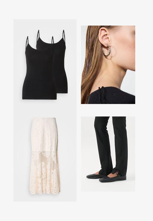 Sorte ærmeløse camisoles, lavet af blødt stof, med justerbare stropper og en tætsiddende design. To stykker vist side om side.; Blomsterdenim midi-skirt i crème; har et lagdelt design med gennemsigtige sektioner, struktureret blonder og en udfladning. ; Sorte læder balletflade sko med spids tå, rem med sølvspænde, parret med sorte skræddersyede bukser med slids i bunden.; Sølv hoop ørestik med en poleret overflade, prydet med små guld accenter og en rund form, båret på øreflippen.