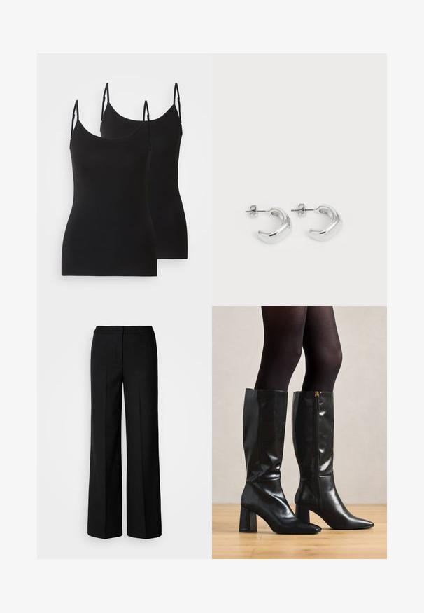 Juoda be rankovių kamizola, pagaminta iš minkštos medžiagos, su reguliuojamomis juostelėmis ir prigludusia forma. Du vienetai rodomi šalia vienas kito.; Juodos plačios kojų kelnės su lygia medžiaga, pasižyminčios aukštu liemeniu, pritaikytais siūlėmis ir minimalistiniu dizainu. Nėra matomų metalo detalių ar kišenių.; Juodų odinių batų iki kelių su blizgiu paviršiumi, smailia nosimi ir masyviu kulnu. Šone esanti užtrauktuko detalė, kad būtų lengviau užsidėti.; Sidabrinės auskarų kilpos su lygiu, blizgiu paviršiumi. Apvalios formos su šiek tiek išlenktu dizainu ir sumaišytomis briaunomis. Smeigtuko užsegimas.