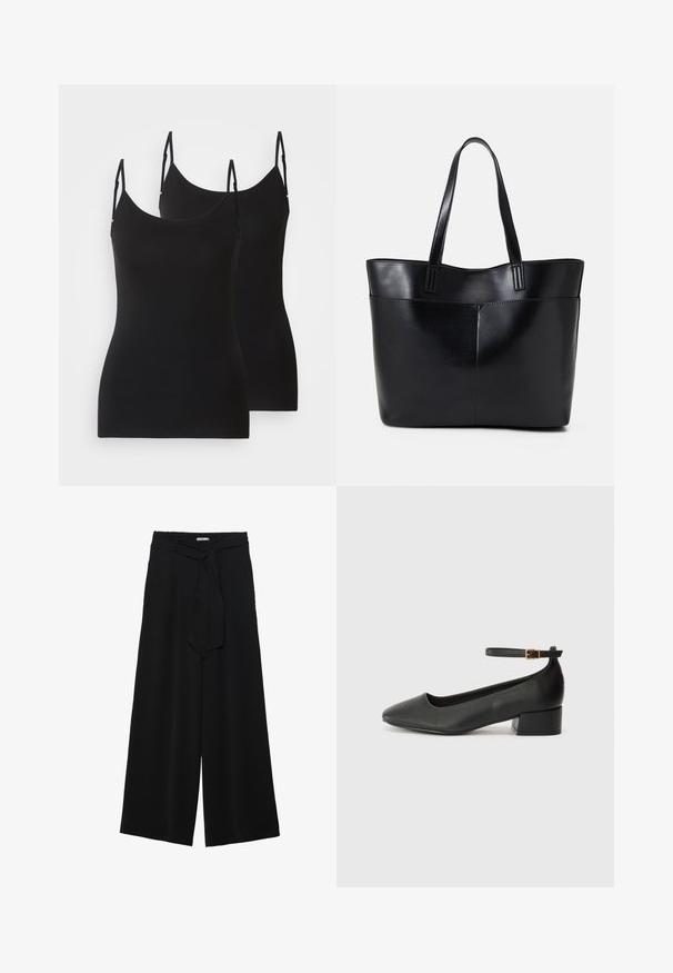 Zwarte mouwloze tops, gemaakt van zachte stof, met verstelbare bandjes en een getailleerd ontwerp. Twee stuks naast elkaar weergegeven.; Zwarte wijde broek van textuurstof, met een elastische tailleband en een afneembare sjaalstrik in de taille voor een verstelbare pasvorm.; Zwarte leren pump met een spitse neus en een lage blokhak. Beschikt over een enkelband met een goudkleurige gespsluiting. Gladde textuur.; Zwarte leren tote bag met twee lange handvatten, een zachte textuur en een gestructureerde vorm. Voorzien van een voorvak voor extra opslagruimte.