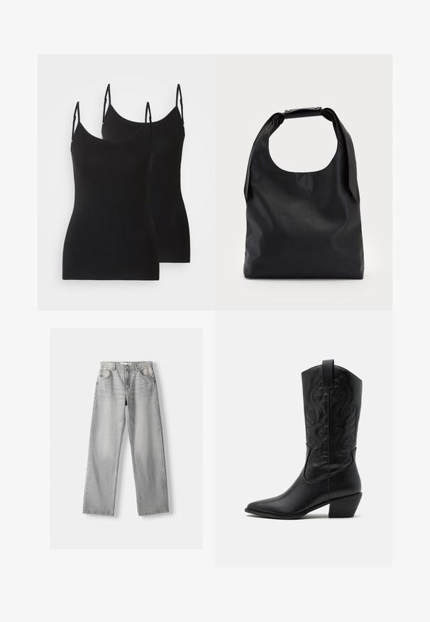 Schwarze ärmellose Tops, aus weichem Stoff, mit verstellbaren Trägern und tailliertem Schnitt. Zwei Teile nebeneinander gezeigt.; Helle graue Jeans aus Denim mit geradem Bein, ausgestattet mit zwei vorderen Taschen, einem Knopfverschluss und subtilen Abnutzungen für Struktur.; Schwarze Leder-Cowboy-Stiefel mit spitzem Zeh, geprägten, wirbelnden Mustern und einem mittelhohen Absatz. Mit einem Zuglasche für einfaches An- und Ausziehen.; Schwarze Leder-Hobo-Tasche mit einem einzelnen, weichen, abgerundeten Griff; verfügt über eine glatte Textur und ein minimalistisches Design. Keine sichtbaren Beschläge oder Akzente.