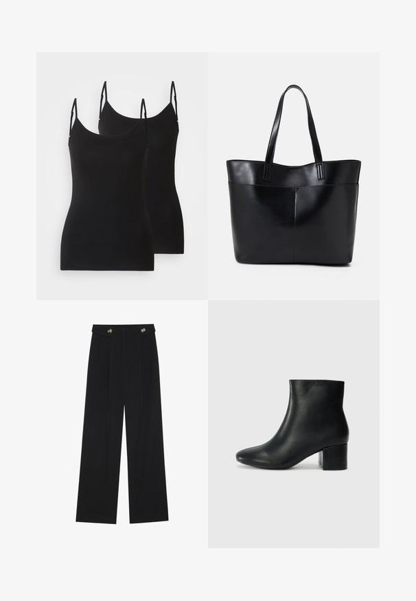 Schwarze ärmellose Tops, aus weichem Stoff, mit verstellbaren Trägern und tailliertem Schnitt. Zwei Teile nebeneinander gezeigt.; Schwarze weite Hosen mit hoher Taille, Knopfdetails am Bund und vorderen Falten.; Schwarze Leder-Ankle-Boots mit spitzem Zehenbereich und klobigem Absatz. Glatte Textur mit minimalen Akzenten und einem eleganten, taillierten Design.; Schwarze Leder-Shopper-Tasche mit zwei langen Griffen, einer glatten Textur und einer strukturierten Form. Verfügt über eine Vordertasche für zusätzlichen Stauraum.