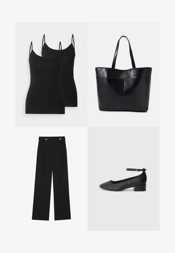 Camicette nere senza maniche, realizzate in morbido tessuto, con spalline regolabili e design attillato. Due pezzi mostrati affiancati.; Pantaloni neri a gamba larga con vita alta, dettagli con bottoni in vita e pieghe frontali.; Pump in pelle nera con punta affusolata e tacco basso a blocco. Presenta una cinghia alla caviglia con una fibbia in tonalità oro. Texture liscia.; Borsa a tracolla in pelle nera con due manici lunghi, una texture liscia e una forma strutturata. Presenta una tasca frontale per ulteriore spazio di archiviazione.