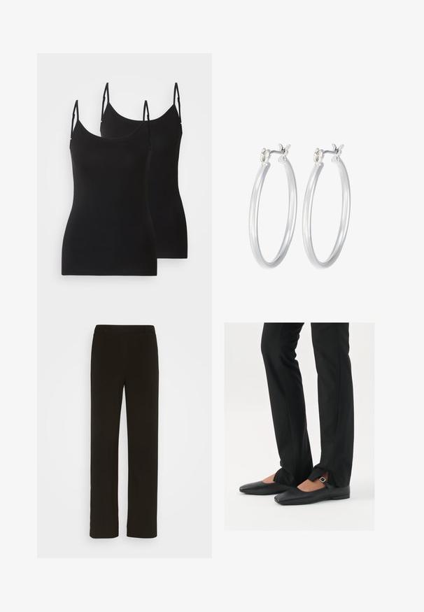 Black sleeveless camisoles, made of soft fabric, with adjustable straps and a fitted design. Two pieces shown side by side.; Black, straight-leg trousers made of woven fabric, featuring a flat front, two side pockets, and a smooth texture. No visible patterns or accents.; Black leather ballet flats with a pointed toe, strap with silver buckle, paired with black tailored pants featuring a slit hem.; Silver hoop earrings with a smooth, polished finish. Round shape and secure click-top closure. Lightweight design suitable for everyday wear.