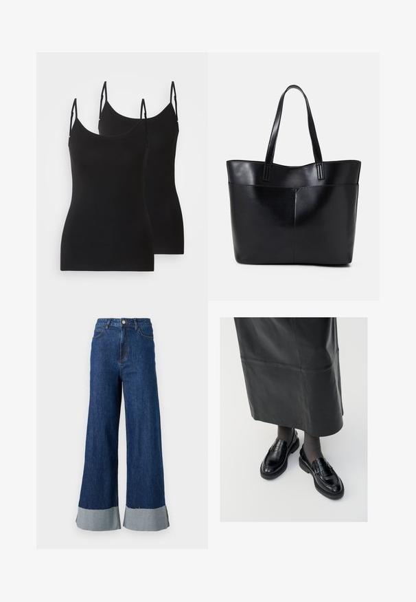 Sorte ærmeløse camisoles, lavet af blødt stof, med justerbare stropper og en tætsiddende design. To stykker vist side om side.; Løs pasform denimbukser med en mørkeblå vask, der har en kontrastfarvet lys blå kant og klassisk fem-lomme design.; Sorte læder loafers med en glat finish, prydet med en dekorativ rem, rund tå og tekstureret sål. Båret med en lang sort læderskirt.; Sort læder tote taske med to lange håndtag, en glat tekstur og en struktureret form. Har en forlommem for ekstra opbevaring.; Gul hoop ørestikker med en struktureret, uregelmæssig form. Har en sømløs lukning og en poleret overfladefinish, der fremhæver et moderne design.