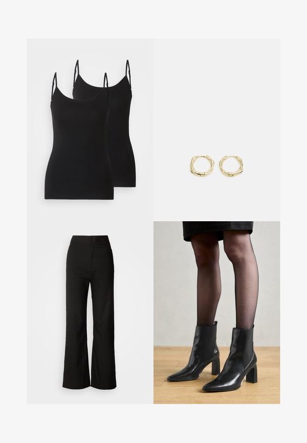 Crne bez rukava kombinacije, napravljene od mekog materijala, s podesivim trakama i prilagođenim dizajnom. Prikazane su dvije komada jedno do drugog.; Crne široke hlače s glatkom teksturom, visokim strukom i jednostavnim dizajnom. Bez vidljivih džepova ili ukrasa.; Crne kožne gležnjače s šiljastim vrhom, robusnim četvrtastim potplatom i elegantnim dizajnom. Imaju elastične bočne panele za jednostavno oblačenje.; Zlatne okrugle naušnice s teksturiranim, nepravilnim oblikom. Imaju nevidljivo zatvaranje i polirani završni sloj, što naglašava moderan dizajn.