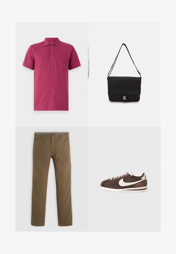 Rövidujjú polo póló mély málnapiros színben. Könnyű anyagból készült, gallérral, három gombos nyakkal és mellzsebbel rendelkezik.; Kakhiszínű pamut nadrág egyenes szárú szabással, gombos záródással, két elülső zsebbel és sima textúrával.; Barna sneaker, amely velúr és vászon anyagok keverékéből készült, fehér Nike pipa logóval és érdes gumitalppal rendelkezik.; Fekete üzenetküldő táska sima anyagból, hajtókás fedéllel, ezüst csattal és állítható vállpánttal.