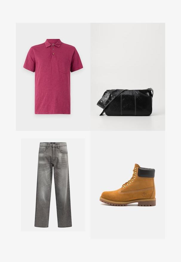 Polo tričko s krátkym rukávom v hlbokej malinovej farbe. Vyrobené z ľahkého materiálu, s golierom, tri gombíkmi a náprsného vrecka.; Sivý denimové džínsy s voľným strihom, s detailmi v podobe blednutia a vyblednutej textúry, klasický dizajn s piatimi vreckami a zapínaním na gombík.; Tyrkysové semišové členkové topánky s čiernym polstrovaným golierom, zlatými kovovými očkami, bielym prešívaním a robustnou gumovou podrážkou s výraznými drážkami.; Čierna kožená kabelka cez plece so zipsovým uzáverom, so štruktúrovaným telom, bielym prešívaním a popruhom so striebornými očkami.