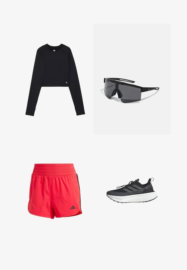 Black cropped long-sleeve top made of stretchy fabric. Features a round neckline and a small logo accent at the hem.; Red athletic shorts made of lightweight fabric, featuring an elastic waistband, black side accents, and a small logo on the lower left.; Black athletic shoe with a mesh upper, three grey stripes, a thick white sole, and textured detailing. Features a pull tab at the heel.; Black oversized sunglasses with a sturdy plastic frame, wraparound design, and dark lenses featuring a nose bridge and minimal side accents.