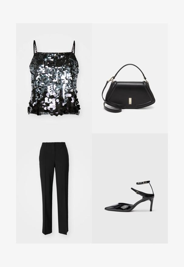 DKNY MULTI SCALE SEQUIN CAMI - Top - black; Schwarze, taillierte Hose mit geradem Bein, aus einem glatten Stoff und mit klaren Falten an der Vorderseite. Keine sichtbare Hardware.; Schwarze Lacklederabsätze mit spitzer Zehenpartie, verstellbaren Knöchelriemen und einem schlanken Absatz. Glatte Textur mit glänzender Oberfläche.; Schwarze Lederhandtasche mit einem strukturierten Design, das eine verkürzte Form, einen oberen Griff und goldfarbene Hardware-Details aufweist. Verstellbarer Schulterriemen ist enthalten.