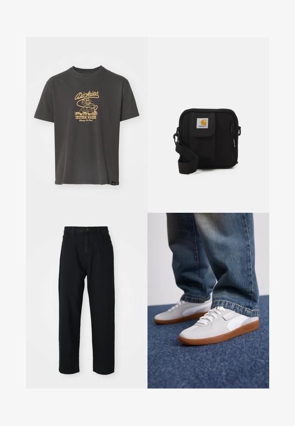 Pelēks kokvilnas T-krekls ar īsām piedurknēm, uz kura priekšpuses ir zelta krāsā drukāts attēls ar varoni un teksts "Dickies UNIFORM MAKER".; Melni džinsi ar taisnas kājas griezumu. Iespējama klasiskā piecu kabatu dizains, pogu aizdare un smalka auduma tekstūra.; Puma PALERMO UNISEX - Treniņu apavi - white/cool light gray/gold; Melna plecu soma ar rāvējslēdzēja galveno nodalījumu, priekšējo kabatu, regulējamu siksnu un redzamu logotipa tagu uz vāka.