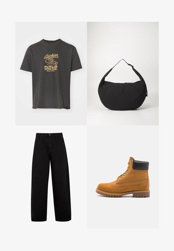 Pilkas medvilnės marškinėliai su trumpomis rankovėmis, priekyje su auksinėmis spausdintomis grafikomis, vaizduojančiomis personažą ir tekstu "Dickies UNIFORM MAKER".; Juodos plačios kojinės džinsinės kelnės, pagamintos iš džinsinio audinio, su priekinėmis kišenėmis, mygtuko užsegimu ir švariu, minimalistišku dizainu be matomų raštų.; Tan spalvą turintys suknelės batus iki kulkšnies su juodu paminkštintu apvadu, auksiniais metaliniais akių užsegimais, baltais siūlų dekoratyviniais elementais ir tvirtu guminiu padu su ryškiai išreikštais raštais.; Juodas audinio peties maišas su kreiviu pavidalu, turintis vieną dirželį ir užtrauktuku uždaromą. Minkšta tekstūra, minimalistinis dizainas.