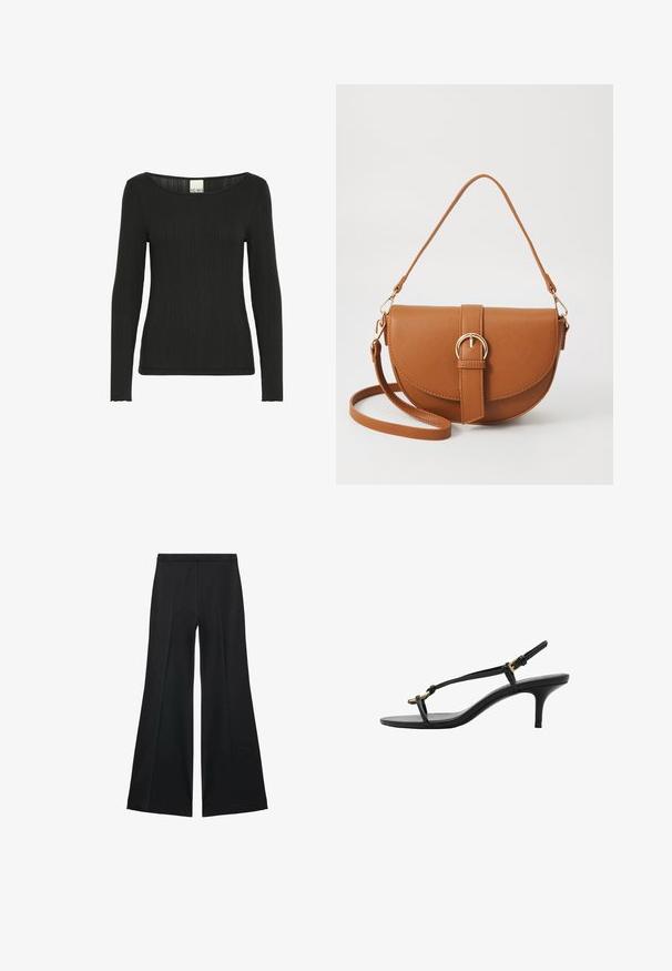 Black long-sleeve top made of ribbed fabric, featuring a wide scoop neckline and a fitted silhouette with textured detailing along the material.; Black wide-leg pants with a smooth texture, featuring front pleats and a tailored design. The fabric is lightweight and flowy.; Black leather kitten heel sandal with thin straps, gold buckle, and minimalist toe loop on a white background.; Brown leather crossbody bag with a curved shape, gold hardware, and a buckle accent. Features a detachable shoulder strap.