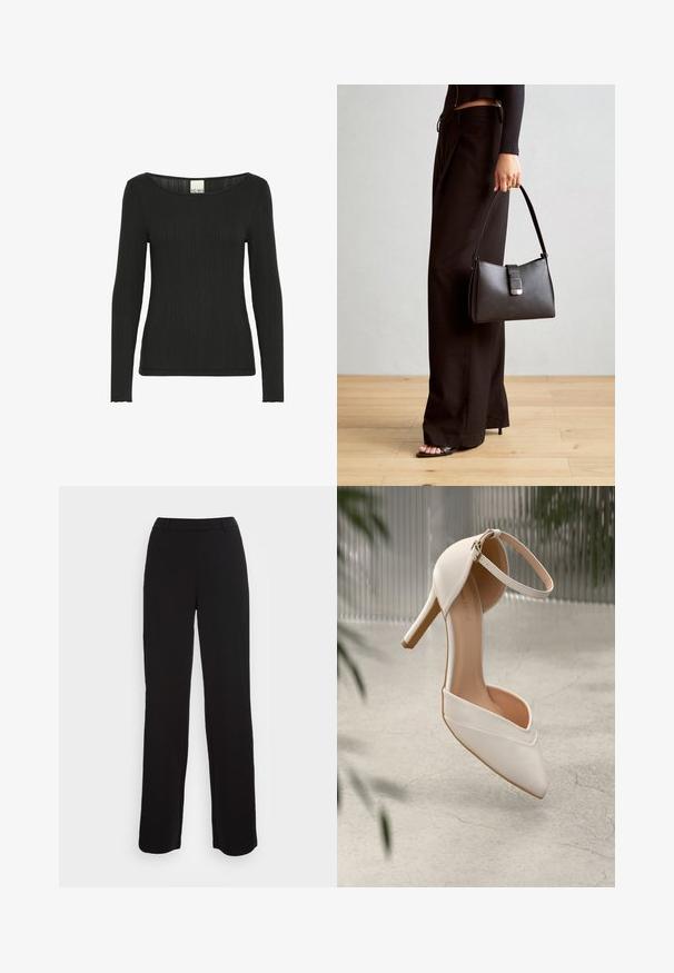 Sort langærmet top lavet af ribbet stof, med en bred scoop-halsudskæring og en tætsiddende silhuet med teksturerede detaljer langs materialet.; Sorte bukser med lige ben, glat tekstur og en tætsiddende talje. Har forlommer og minimal syning detaljer.; Hvid højhælet sko i glat materiale med spids tå og ankelrem. Har et lyst tan interiør og hardware i guldtonet accent.; Sort håndtaske med struktureret form, glat overflade og metalspænde. Sammen med brede sorte bukser og sandaler med åben tå på trægulv.