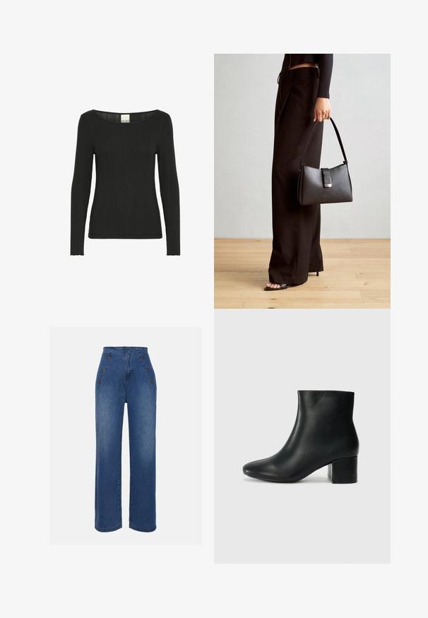 Black long-sleeve top made of ribbed fabric, featuring a wide scoop neckline and a fitted silhouette with textured detailing along the material.; High-waisted denim jeans in medium blue. Features front button accents and wide-leg design. Fabric has a smooth texture with slight fading.; Black leather ankle boots with a pointed toe and a chunky heel. Smooth texture with minimal accents and a sleek, fitted design.; Black handbag with structured shape, smooth texture, and a metallic clasp. Paired with wide black pants and open-toe sandals on wooden floor.