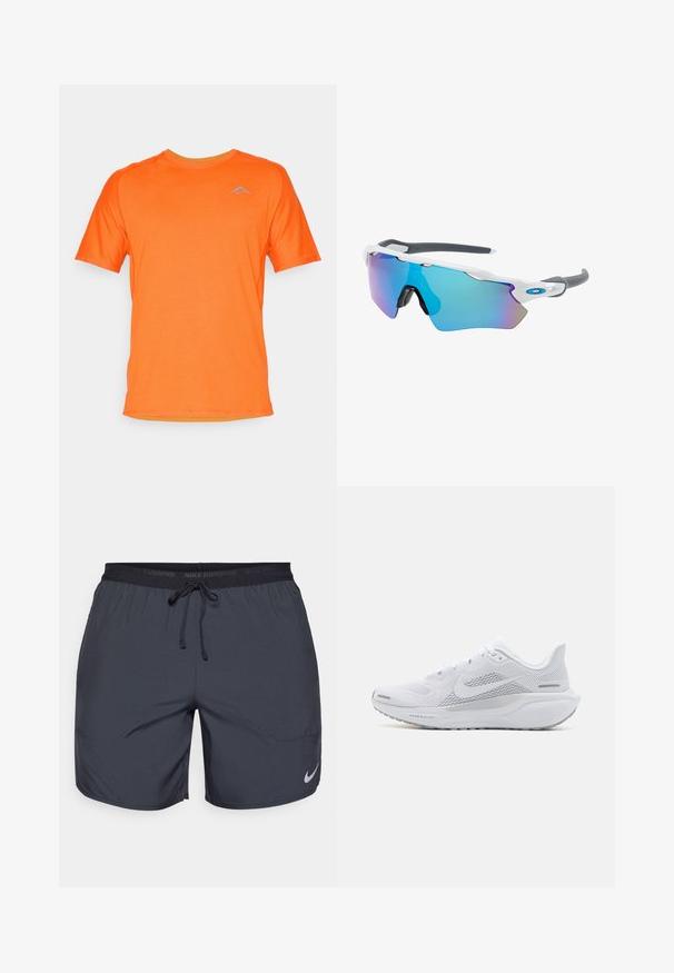 Camiseta de algodón de manga corta y cuello redondo en vibrante color naranja, con un sutil logo de montaña en azul claro en el pecho. Textura suave.; Pantalones cortos de running de Nike en gris oscuro, con una cintura elástica y un cordón de ajuste, además de un acento del logo plateado en la parte inferior de la pierna derecha.; Zapatilla deportiva blanca con parte superior de malla, sobrecapas de textura suave, acentos en gris, cordones y una suela acolchada diseñada para el rendimiento.; Gafas de sol con montura blanca, detalles grises y lentes espejados azules. Diseño deportivo, forma envolvente y almohadillas para la nariz ajustables.