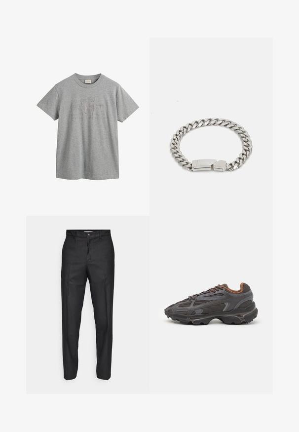 Harmaa puuvillainen T-paita lyhyillä hihoilla, pyöreällä kaula-aukolla, jossa on kohotettu logo, joka sisältää sanat "GANT" ja "American Sportswear."; Mustat housut, jotka on valmistettu sileästä kankaasta, ja niissä on etupainike, suorat lahkeet sekä ei näkyviä taskuja tai kuvioita.; Lacoste-tennar i mörkgrått med nät- och syntetmaterial, med en texturerad sula och bruna accenter på kragen och märket.; Calvin Klein ELECTRIC - Rannekoru - silver-coloured