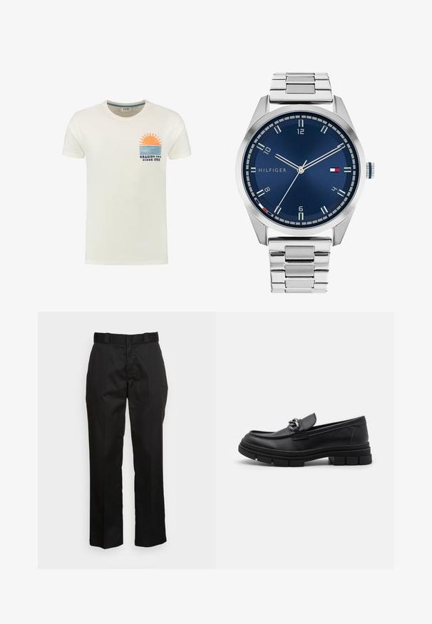 Krēmkrāsas kokvilnas T-krekls ar grafiku, kurā attēlots saule virs ziliem strīpiem un uzraksts "VASARAS PIEREDZE NO 1960. GADA" uz krūtīm.; Melnas bikses no gludas auduma, ar taisnu kāju dizainu, jostas cilpām un divām sānu kabatām. Klasisks izskats bez rotājumiem.; Melnas ādas loafer kurpes ar noapaļotu purngalu, dekoratīvu jostu un aparatūru, kā arī masīvu teksturētu zoli. Gluda virsma ar smalkām detaļām.; Sudraba metāla pulkstenis ar apstrādātu zilu ciparnīcu, baltām stundu atzīmēm un datuma displeju. Iespējo saistīta metāla josla un zīmola logo.; Sudraba ķēdes kaklarota ar bieziem gredzeniem un centrālu apļa kulonu ar sarežģītu detaļu izstrādi. Gluda, atstarojoša metāla virsma.