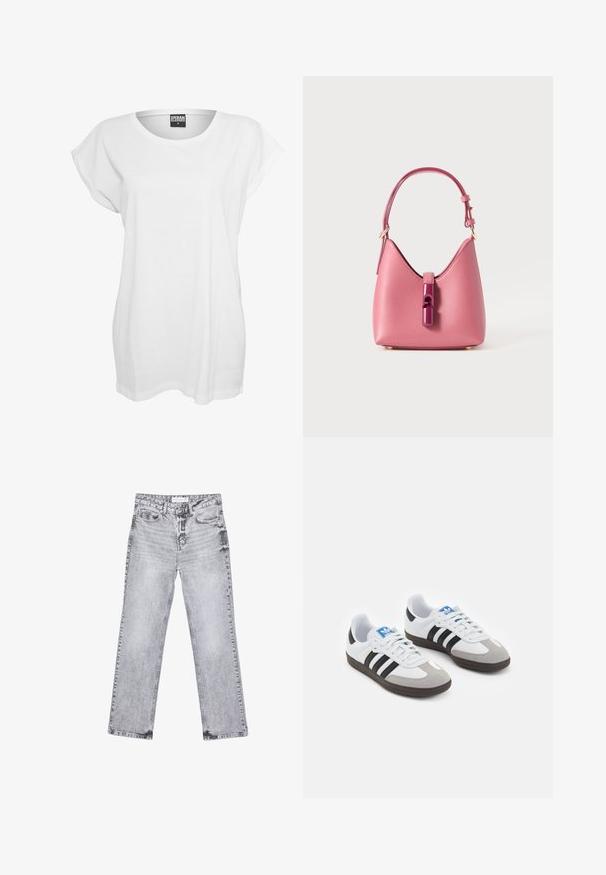 Hvid kortærmet t-shirt lavet af bomuld, med en afslappet pasform, bred halsudskæring og minimalistisk design uden mønstre eller accenter.; Grå denim jeans med lige ben, distressed detaljer, fem lommer og kobbernitter. Taljebåndet har et logomærke.; Sportsko med en overdel i hvid læder, grå ruskind på tåen og tre sorte striber. Har et blåt logo på tungen og en struktureret gummisål.; Lyserød læderhåndtaske med en struktureret form, der har en blank accenteringslås og en enkelt justerbar rem. Tekstureret finish med guldhardware.