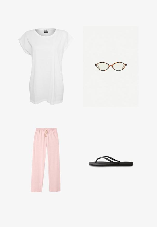 Hvid kortærmet t-shirt lavet af bomuld, med en afslappet pasform, bred halsudskæring og minimalistisk design uden mønstre eller accenter.; Lys rosa, bomulds loungebukser med løs pasform, elastisk talje og snor detalje. Glat tekstur, fuld længde design.; Sorte flip-flop med en tekstureret gummisål, to slanke stropper og et subtilt, præget logodetalje på stroppen.; Skildpaddebriller med ovale linser og en elegant, glat finish. Har tynde sider med en subtil kurve ved tindingerne. Klare linser.