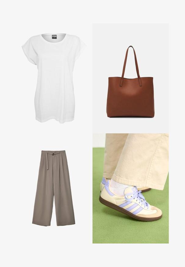 Vit kortärmad t-shirt i bomull med avslappnad passform, bred halsringning och minimalistisk design utan mönster eller detaljer.; Breda byxor i ett mjukt, dämpat grått tyg, med belagd midja och veck för extra designdetaljer. Slät textur, inga mönster.; Krämfärgade och lavendelfärgade sneakers med tre ränder och en texturerad brun sula, med snören och en vadderad häl. Mjuk tygobero.; Brun läder tote-väska med en slät textur, öppen toppdesign och två axelremmar. Har minimal söm och ingen synlig metalldetalj.