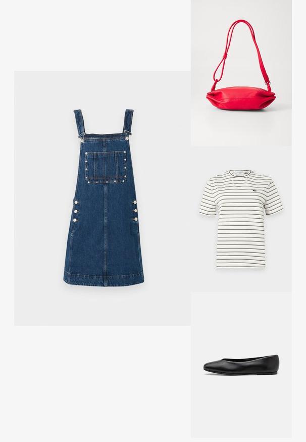 Pruhované tričko v bílé barvě s tenkými olivově zelenými pruhy. Má kulatý výstřih, krátké rukávy a malé logo Lacoste na hrudi.; Džínová šaty na celou postavu v tmavě modré barvě, s nastavitelnými ramínky, přední kapsou a postranními knoflíky na zapínání. Hladká textura a ležérní design.; Paul Smith TOPANGA - Klasické baleríny - black; Červená kožená kabelka s štíhlým, oválným tvarem. Obsahuje jeden nastavitelný popruh a má hladkou texturu s jemnými švy.