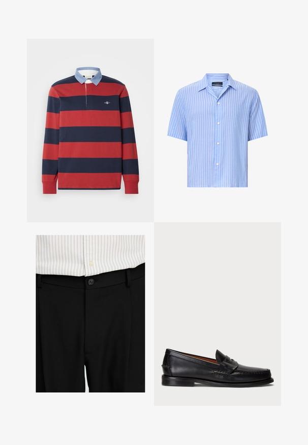 GANT - Bluzka z długim rękawem; Koszula z krótkim rękawem, zapinana na guziki, w jasno-niebieskim kolorze z białymi pionowymi paskami. Wykonana z lekkiego materiału, z klasycznym kołnierzykiem i pięcioma guzikami.; Czarnie dopasowane spodnie z gładką teksturą, z zapięciem na guziki i szlufkami na pasek, zestawione z jasną koszulą w paski.; Czarne skórzane mokasyny z okrągłym czubkiem, przeszyciami na detalach oraz ozdobnym paskiem z przodu. Płaska podeszwa o minimalistycznym profilu.