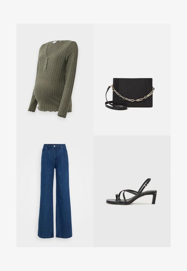 Oliivroheline ribidega rasedustopp pikkade varrukatega, V-kaelusega ja kolme nööbiga plaaniga. Nõgine alläär lisab tekstuuri ja detaili.; Hallise jalgadega sinised denim püksid kõrge vöökohaga, ees nupuga ja tõmbluku sulguri ning ees ja taga taskutega, lihtsa tausta ees.; Mustast rihmajalatsid ruudukujulise varba ja madala ploki kontsaga. Omab mitmeid õhukesi rihmasid ja reguleeritavat pahkluu rihma. Valmistatud siledast nahast.; Mustast nahast õlakott, mis omab siledat tekstuuri, ristküliku kuju ning esiküljel metallketi detaili. Reguleeritav rihm on kaasas.