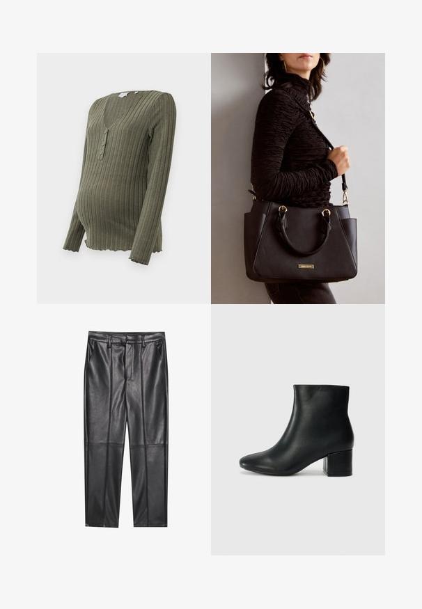 Oliivinvihreä ribbineulottu äitiystoppi, jossa on pitkät hihat, V-kaula-aukko ja kolmen napin lista. Hieman aallotettu helma lisää tekstuuria ja yksityiskohtia.; Musta nahkahousut, joissa on sileä pinta, suora leikkaus, kaksi etutaskua ja näkyvät saumat.; Musta nahkasaappaat nilkkapituudella, jossa on terävä kärki ja paksu korko. Silkkinen pinta, jossa on minimaaliset yksityiskohdat ja tyylikäs, istuva muotoilu.; Musta käsilaukku, jossa on teksturoitu pinta, kaksi yläkantta ja säädettävä olkahihna. Varustettu kultasävyisillä varusteilla ja sivutaskuilla.