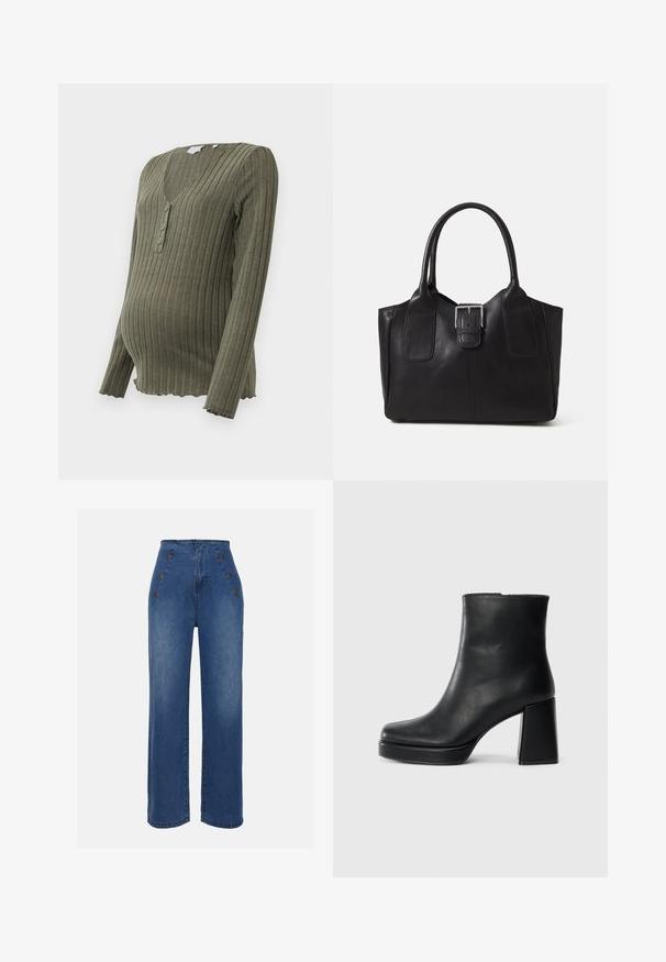 Top de maternidade em verde-oliva, canelado, com mangas longas, decote em V e pala com três botões. A bainha em formato de ondas adiciona textura e detalhe.; Calças de ganga de cintura alta em azul médio. Apresentam detalhes com botões na frente e um design de perna larga. O tecido tem uma textura suave com um ligeiro desbotamento.; Bota de couro preta até ao tornozelo com salto bloco e sola com plataforma, vista de lado sobre um fundo branco liso.; Bolsa tote de couro preta com textura suave, forma estruturada, duas alças e um destaque prateado proeminente na parte da frente.