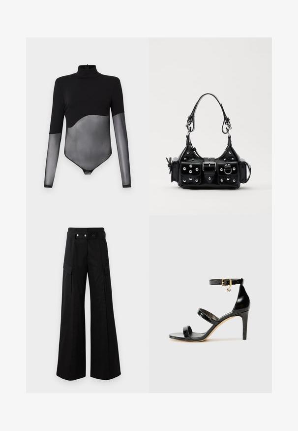 Sort bodysuit med høj hals. Har en solid overdel og gennemskinnelige lange ærmer i mesh, fremhævet af et buet design i taljen.; Sorte brede bukser med høj talje, som har store sidelommer, to forreste knapper og en løkke-detalje. Lavet af holdbart materiale.; Sorte patenterede lædersandaler med tre stropper, ankelspænde og 10 cm stiletthæl. Har detaljer i guld og et logo charms.; Sort læderhåndtaske med et buet design, prydet med sølvfarvede nitter, en spænde og to sidelommer. Justerbar rem til forskellige bære muligheder.