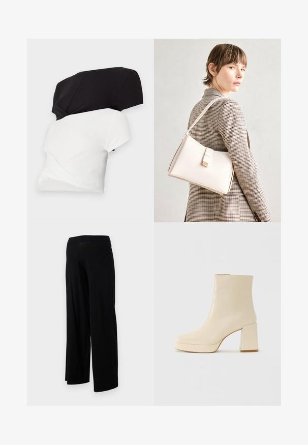 Dvě trička s krátkým rukávem, jedno černé a jedno bílé, s designem zkrouceného předního dílu. Vyrobeno z žebrované látky s hladkým povrchem.; Černé kalhoty s širokými nohavicemi, elastickým pasem a hladkou, pružnou texturou. Mají jednoduchý design, bez vzorů nebo ozdob.; Béžová kožená kotníková bota s blokovým podpatkem a platformovou podrážkou, hladký povrch a mírně čtvercová špička, otočená vlevo na bílém pozadí.; Bílá kožená kabelka se strukturálním designem, s magnetickým uzávěrem a ramenním popruhem, prezentovaná na neutrálním pozadí.