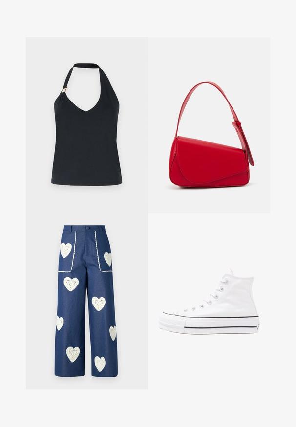 Top halter negru, cu decolteu în V, realizat dintr-un material moale, având o curea sigură și un accent subtil de aur pe umăr.; Bluză florală cu mâneci lungi și puff, bază de crem deschis, cu modele florale în nuanțe de violet, portocaliu și verde, și design cu guler clasic.; Sister Jane HEART TO HEART - Blugi drepți - blue denim; Adidași albi tip pantofi sport cu glezna din pânză, cu talpă din cauciuc negru, capac de vârf din cauciuc frontal și șase ochiuri pentru șireturi, având un design curat și minimalist.; Geantă de mână din piele roșie, cu un design unghiular și geometric. Dispune de o singură curea ajustabilă și un sistem de închidere cu clapetă, cu detalii cusute.