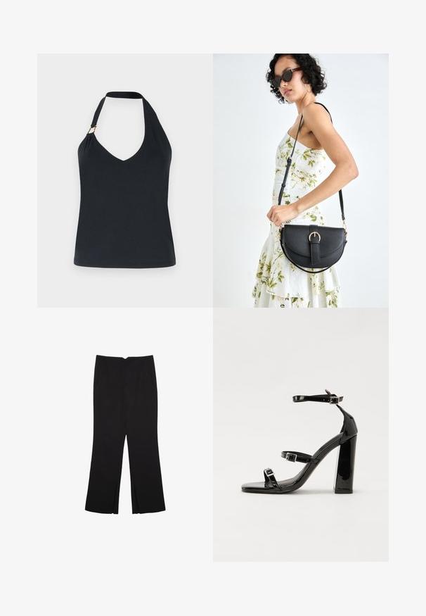 Crni halter top s V-izrezom, izrađen od mekanog materijala, s sigurnosnom trakom i suptilnim zlatnim naglaskom na ramenu.; Crne hlače ravnog kroja, s prednjim džepovima i bočnim prorezima na rubu. Izrađene od mekog i glatkog materijala. Pogodne za razne prigode.; Crne lakirane sandale na pete sa kvadratnim nosom, trakama oko gležnja i srebrnim kopčama. Imaju čvrst blok petu za stabilnost.; Crna kožna torba s lukovitim oblikom, odvojivim remenom i zlatnim detaljima. Torba ima preklop s kopčom.