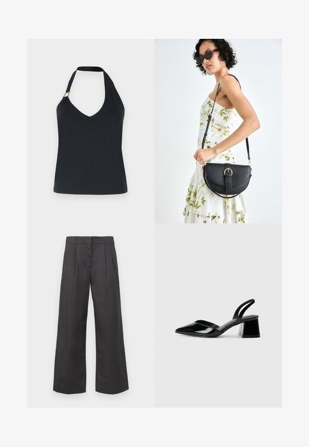 Top halter nero con scollatura a V, realizzato in morbido tessuto, con una spallina rinforzata e un sottile accento dorato sulla spalla.; Pantaloni a gamba larga in tessuto nero, caratterizzati da una vita alta, pieghe frontali e tasche sottili. Texture liscia con una finitura pulita.; Décolleté in vernice nera con punta affusolata e tacco in geometria cubica. Presentano un design elegante e minimalista, con una texture liscia.; Borsa a tracolla nera in pelle con una forma curva, manico rimovibile e accessori dorati. La borsa presenta una patta con un dettaglio a fibbia.