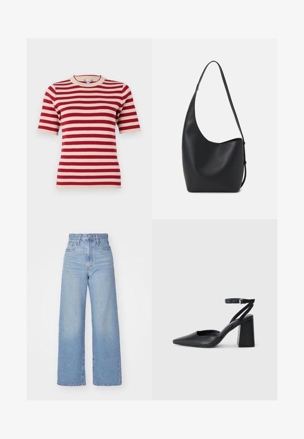 Rød og creme-stribet kortærmet strik t-shirt med rund halsudskæring og ribbet tekstur. Jævnt fordelte striber over stoffet.; Lyseblå højtaljede bukser med bred benåbning, med frontknap og lynlås, samt for- og baglommer, på en hvid baggrund.; Sort læder spidse pumps med ankelrem og en chunky hæl. Flad tekstur, slankt design og minimalistisk æstetik.; Sort læder hobo taske med en glat overflade, buet form og en enkelt justerbar rem; har en bred åbning øverst.