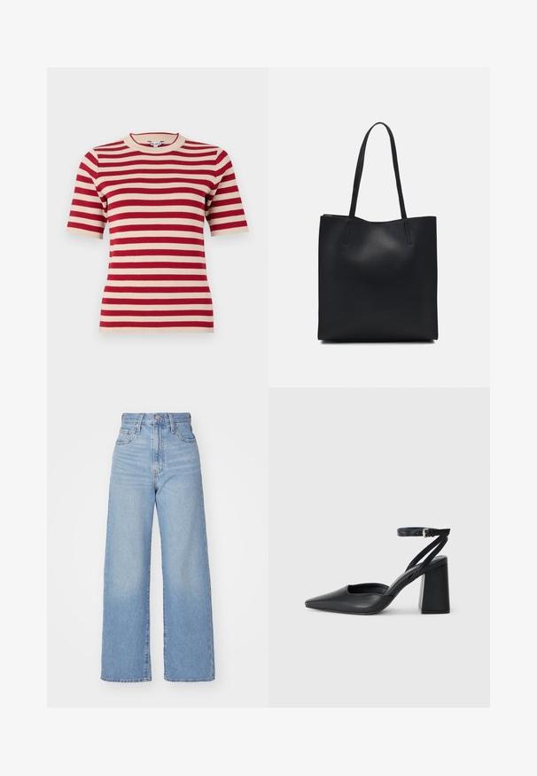 Tricou tricotat cu maneci scurte, cu dungi roșii și crem, cu decolteu rotund și textură ribbed. Dungi dispuse uniform pe întreaga țesătură.; Jeans cu talie înaltă, de culoare albastru deschis, cu croială largă, dotate cu nasture și fermoar la față, buzunare în față și spate, pe un fundal alb.; Pantofii cu toc ascuțit din piele neagră, cu breteaua pentru glezne și toc gros. Textură netedă, design elegant și estetică minimală.; Geantă tote neagră din piele, cu textură netedă, formă rectangulară și două mânere lungi. Fără hardware vizibil sau ornamente.