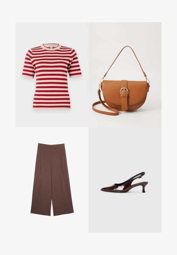 T-shirt en tricot à manches courtes rayé rouge et crème avec un col rond et une texture côtelée. Rayures uniformément espacées sur le tissu.; Pantalons larges marron avec une texture lisse, dotés d'une taille haute et de plis à l'avant. Le tissu est léger et tombe de manière fluide.; Chaussure slingback en cuir verni marron avec un bout pointu et un talon modéré. Elle est dotée d'une sangle à boucle pour un ajustement sécuritaire. Texture lisse.; Sac bandoulière en cuir marron avec une forme incurvée, quincaillerie dorée et un accent en boucle. Comprend une bandoulière détachable.