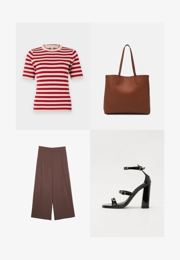 Kratka majica s kratkim rukavima u crvenoj i krem boji s prugama, okruglim izrezom i rebrastom teksturom. Prugaste boje su ravnomjerno raspoređene po tkanini.; Smeđe hlače širokog kroja s glatkom teksturom, koje imaju visok struk i nabore sprijeda. Tkanina je lagana i slobodno se kreće.; Crne lakirane sandale na pete sa kvadratnim nosom, trakama oko gležnja i srebrnim kopčama. Imaju čvrst blok petu za stabilnost.; Smeđa kožna torba preko ramena s glatkom teksturom, otvorenim vrhom i dvjema naramenicama. Ima minimalne šavove i nema vidljivog hardvera.