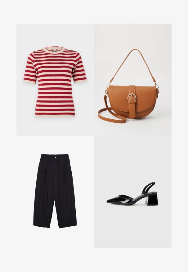 Rood en crèmekleurig gestreepte korte mouwen gebreide T-shirt met een ronde halslijn en ribbelstructuur. Gelijkmatig verdeelde stripes over de stof.; Zwarte polyester culottes met een elastische tailleband, twee voorkreukels en een losse pasvorm. Geen zichtbare patronen of hardware-details.; Zwarte gepatineerde leren slingback hakken met een spitse neus en een geometrische blokhak. Kenmerkt zich door een slank, minimalistisch ontwerp en een gladde textuur.; Bruine leren schoudertas met een gebogen vorm, gouden hardware en een gespaccent. Bevat een afneembare schouderriem.