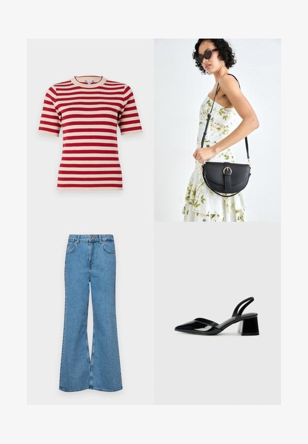 Kratka majica s kratkim rukavima u crvenoj i krem boji s prugama, okruglim izrezom i rebrastom teksturom. Prugaste boje su ravnomjerno raspoređene po tkanini.; Svijetloplave traperice s flared nogavicama, visokog struka, s pet džepova i jednim dugmetom za zatvaranje. Mekani materijal s izblijedjelim izgledom.; Crne lakirane kožne sandale s otvorenom petom i špicastim vrhom, s geometrijskom blok petom. Imaju elegantan, minimalistički dizajn i glatku teksturu.; Crna kožna torba s lukovitim oblikom, odvojivim remenom i zlatnim detaljima. Torba ima preklop s kopčom.