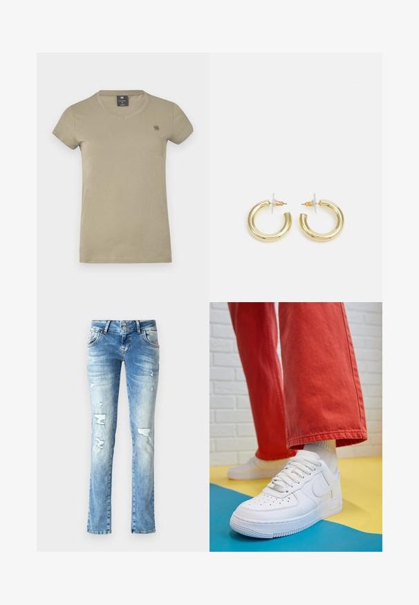 Tricou cu mânecă scurtă de culoare khaki, din bumbac. Dispune de un guler în formă de V și un logo mic în zona stângă a pieptului. Textură netedă.; Jeans din denim de culoare albastră deschisă, cu croială lejeră, având detalii uzate, un sistem de închidere cu două butoane și picioare drepte.; Tenis alb din piele cu fanta pe vârful piciorului, talpă texturată și șireturi albe, purtat cu pantaloni larga roșii și un fundal albastru și galben.; Cercei cercuri din aur cu un finisaj neted și strălucitor. Design circular cu un mic suport și un spate transparent pentru o purtare sigură.