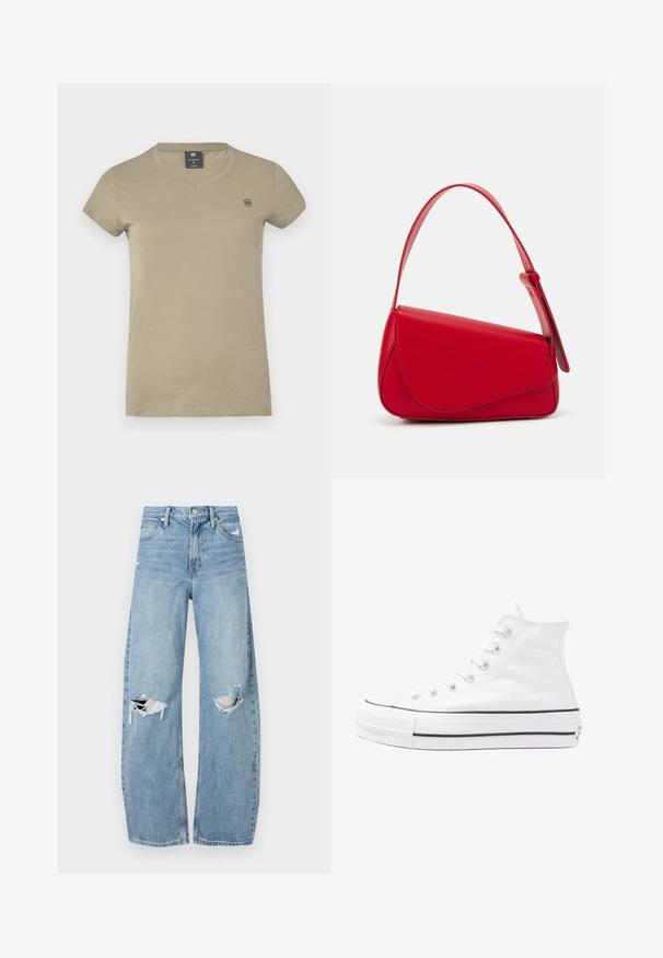 Khaki lühikese varrukaga t-särk, mis on valmistatud puuvillast. Omab V-kaelust ja väikest logo vasakul rinnal. Sile tekstuur.; Heledad hallideega sinised teksad, millel on kõrge talje. Teksade jalgadel on lai alus, kaks rebitud kohta põlvede ümber ning klassikaline viie tasku stiil.; Valge kõrgem kangast tenniseking, millel on must kummist tald, ees kummist varvasetugi ja kuus aukku paelte jaoks, pakkudes puhta ja minimalistliku disaini.; Punane nahast käekott, millel on nurkadega geomeetriline disain. Omab ühte reguleeritavat rihma ja klappidega sulgemist, millel on õmblustega kaunistused.