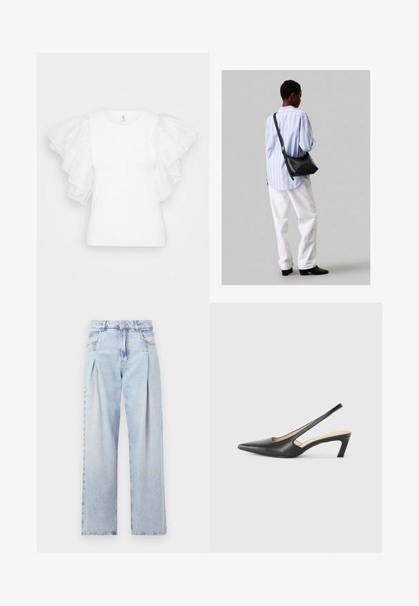 Balta trumpa rankovėmis marškinėliai, puošiami permatomais, sluoksniuotais volanais. Audinys atrodo lygus, o iškirptė apvali.; Šviesiai mėlyni džinsai su aukštu liemeniu, plačiomis kojomis, dviem šoninėmis kišenėmis ir raukinių dizainu. Minkšta tekstūra su nudilusia apdaila.; Juodas smailus slingback batelis su žemu kulnu, pagamintas iš lygaus odos paviršiaus ir su išpjovomis šone, užtikrinančiomis oro pralaidumą.; Juodas odinis petinis krepšys su minkšta tekstūra, trikampiu pavidalu ir reguliuojama juosta, derinamas su šviesiai mėlynu dryžuotu marškinėliu ir baltais džinsais.